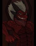  anthro biceps big_muscles clothed clothing dragon furrycandyshop green_eyes grin hair horn male muscular red_scales scales scalie simple_background solo spikes standing topless volcanish wings 