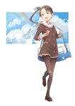  alternate_costume ayanami_(kantai_collection) brown_eyes brown_hair brown_legwear buttons cellphone cloud dress hair_ribbon kantai_collection looking_up matsutani neckerchief open_mouth pantyhose phone rainbow ribbon sailor_collar shoes side_ponytail smartphone smile solo 