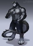  abs anthro belt biceps big_muscles black_fur black_nose canine claws clothed clothing fangs fur grey_fur hairy hybrid lemon_curry looking_at_viewer male mammal muscular pants pecs scar smile solo standing teeth toe_claws topless wolf xuan_sirius yellow_eyes 