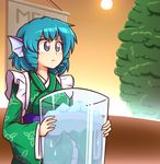  blue_hair commentary cup drill_hair head_fins ice japanese_clothes kimono long_sleeves mermaid monster_girl obi oversized_object parody ramadan sakigake!!_cromartie_koukou sash solo touhou wakasagihime water wide_sleeves wool_(miwol) 