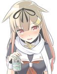  bad_id bad_nicoseiga_id beer_can black_ribbon black_serafuku blonde_hair blush breasts can commentary_request fingerless_gloves gloves gradient_hair hair_flaps hair_ornament hair_ribbon hairclip kantai_collection long_hair masupa_kiriu medium_breasts multicolored_hair neckerchief open_mouth red_eyes red_neckwear remodel_(kantai_collection) ribbon scarf school_uniform serafuku short_sleeves simple_background smile solo star straight_hair teeth upper_body white_background white_scarf yuudachi_(kantai_collection) 