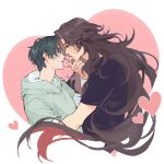  2boys absurdres al_(ahr) black_hair black_shirt blush brown_hair curtained_hair drawstring face-to-face finger_to_another's_mouth forehead-to-forehead glasses green_hoodie half-closed_eyes hand_up heads_together heart highres hood hood_down hoodie hug long_hair long_sleeves looking_at_viewer luo_binghe male_focus messy_hair multiple_boys official_alternate_hair_length official_alternate_hairstyle parted_bangs parted_lips pink_background renzha_fanpai_zijiu_xitong shen_qingqiu shirt shirt_under_shirt short_hair short_sleeves sidelocks t-shirt very_long_hair white_background wolf_cut yaoi 