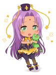  :d blush bow bowtie chibi commentary_request facial_mark flower_knight_girl green_eyes hair_intakes hat kinmokusei_(flower_knight_girl) long_hair looking_at_viewer open_mouth pantyhose purple_footwear purple_hair shoes skirt sleeveless smile stuffed_toy tachiki_(naruki) yellow_skirt 
