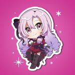  1girl arm_at_side black_bow black_shoes black_thighhighs blush bow chibi chibi_only closed_mouth commentary curtained_hair double-parted_bangs dress drill_hair frilled_dress frills from_below full_body garter_straps genk1zam4s hair_between_eyes hair_bow hand_on_own_chest highres hyakumantenbara_salome hyakumantenbara_salome_(1st_costume) long_hair long_sleeves looking_at_viewer nijisanji outline pink_background pink_eyes purple_hair red_dress shadow shoes short_dress simple_background sleeve_cuffs smile solo sparkle sparkle_print sparkling_eyes standing standing_on_one_leg star_(symbol) star_symbol_background symbol-only_commentary thighhighs very_long_hair virtual_youtuber white_outline white_sleeve_cuffs 