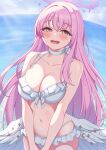  1girl absurdres angel_wings bare_arms bare_shoulders beach bikini blue_archive blush breasts cleavage collarbone feathered_wings frilled_bikini frilled_bikini_bottom frilled_bikini_top frills halo highres large_breasts long_hair looking_at_viewer low_wings mika_(blue_archive) mika_(swimsuit)_(blue_archive) navel ocean official_alternate_costume official_alternate_hairstyle open_mouth pink_hair pink_halo smile solo stomach swimsuit very_long_hair wet white_bikini wings wxjn4348 