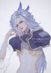  1boy absurdres armor blue_eyes cropped_jacket feather_hair_ornament feathers final_fantasy final_fantasy_ix gold_trim grey_background grey_hair hair_ornament hand_in_own_hair highres kuja long_hair looking_at_viewer male_focus messa_mo midriff navel parted_bangs parted_lips shoulder_armor sketch solo trap upper_body white_sleeves 