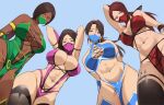  4girls abs absurdres armpits arms_behind_head arms_up bikini black_hair blue_eyes boots breasts brown_eyes brown_hair cleavage cross-laced_clothes dark-skinned_female dark_skin dress earrings from_below green_dress green_eyes highres jade_(mortal_kombat) jewelry kitana kunai large_breasts leotard loincloth long_hair looking_at_viewer looking_down mask mileena_(mortal_kombat) mortal_kombat_(series) mouth_mask mouth_veil multiple_girls muscular muscular_female navel ninja ninja_mask parted_bangs pelvic_curtain pink_leotard ponytail red_eyes red_hair revealing_clothes short_hair skarlet slingshot_swimsuit swimsuit t-lex thigh_boots thighhighs thighs toned veil weapon yellow_eyes 