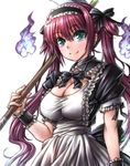  airi_(queen's_blade) amania_orz bow breasts cleavage green_eyes hair_ribbon large_breasts long_hair maid maid_headdress puffy_short_sleeves puffy_sleeves queen's_blade red_hair ribbon scythe short_sleeves simple_background solo twintails upper_body white_background 