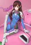  absurdres animal_print armor bangs bodysuit boots breasts brown_eyes brown_hair bubble_blowing bunny bunny_print character_name chewing_gum covered_navel covered_nipples d.va_(overwatch) facial_mark gloves headphones high_collar highres long_hair mecha medium_breasts meka_(overwatch) overwatch pilot_suit pink_background simple_background skin_tight solo thigh_boots thighhighs whisker_markings white_footwear white_gloves xixing_si_yao_meng 