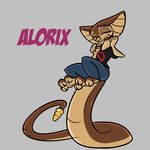  alorix alorix_(character) clothed clothing cobra english_text eyes_closed happy pants reptile scalie shirt simple_background snake solo t-shirt text thick_tail 