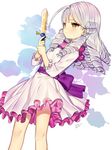  bad_id bad_pixiv_id dagger dress falulu fusion gambe green_eyes holding holding_weapon long_hair pretty_(series) pripara shikyouin_hibiki signature silver_hair solo weapon white_background 