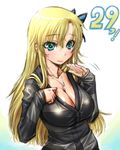  amania_orz blonde_hair blush boku_wa_tomodachi_ga_sukunai breasts butterfly_hair_ornament cleavage green_eyes hair_ornament jewelry kashiwazaki_sena large_breasts long_hair long_sleeves meat_day necklace shirt sleeves_past_wrists solo striped striped_shirt sweat sweatdrop upper_body 