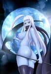  ahoge ass bad_id bad_pixiv_id black_sclera blue_skin breasts dullahan full_moon huge_ahoge lala_(monster_musume) large_breasts long_hair looking_at_viewer monster_musume_no_iru_nichijou moon night night_sky nipples nude photo_background scarf scythe sidelocks signature sky slimysoap solo thighhighs white_hair yellow_eyes 