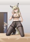  2girls absurdres alter_kamerade animal_ear_fluff animal_ears arknights bare_arms bare_shoulders black_bra black_pantyhose black_shoes blonde_hair blue_hairband blush bra breasts chinese_commentary cleavage commentary_request constricted_pupils door embarrassed fellatio_gesture full_body green_eyes hair_between_eyes hair_intakes hairband hand_up high_heels highres indoors infection_monitor_(arknights) kneeling lace lace_bra large_breasts long_hair looking_at_another looking_at_viewer mother_and_daughter multicolored_hair multiple_girls nipples pantyhose partial_commentary scar scar_on_cheek scar_on_face shoes smile streaked_hair suzuran_(arknights) tail underwear variant_set vulpisfoglia_(arknights) white_hair yellow_eyes yellow_tail 