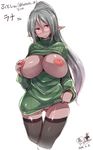 2016 black_legwear blush breasts breasts_outside cleavage_cutout clothes_lift dark_skin dated dress framed_breasts giji_eizan glasses grey_hair highres huge_breasts inverted_nipples long_hair meme_attire mole mole_under_eye nipple_tweak nipples open-chest_sweater pointy_ears red_eyes ribbed_sweater semi-rimless_eyewear shiny shiny_skin simple_background smile solo sweater sweater_dress sweater_lift thighhighs under-rim_eyewear white_background 