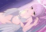  1girl absurdres angel_wings bikini blue_archive blush breasts cleavage closed_mouth collarbone feathered_wings frilled_bikini frilled_bikini_bottom frilled_bikini_top frills halo highres large_breasts long_hair lying mika_(blue_archive) mika_(swimsuit)_(blue_archive) naiyoubuding navel official_alternate_costume official_alternate_hairstyle on_back pink_hair pink_halo smile solo stomach swimsuit very_long_hair white_bikini wings yellow_eyes 