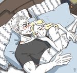  1girl awake black_shirt blonde_hair blush casual contemporary cuddling hetero lillu lowres medicine_bottle mercy_(overwatch) on_bed overwatch pillow scar shirt silver_hair sleeping sleeping_on_person smile soldier:_76_(overwatch) 