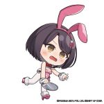  1girl @_@ animal_ears bow bowtie breasts brown_hair chibi clothing_cutout commentary english_commentary fake_animal_ears goddess_of_victory:_nikke heart_cutout high_heels highres holding holding_tray leotard light_blush medium_breasts medium_hair milk_(blooming_bunny)_(nikke) milk_(nikke) nail_polish no_nose official_art open_mouth pantyhose pink_nails pink_shoes playboy_bunny red_bow red_bowtie shoes solo standing standing_on_one_leg strapless strapless_leotard totatokeke traditional_bowtie tray 
