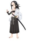  1girl anime_coloring aogiri_(kunoichi_tsubaki_no_mune_no_uchi) bare_shoulders black_gloves black_hair black_hakama black_tube_top breasts collarbone elbow_gloves eyepatch full_body gloves grey_eyes grey_sash hakama hakama_skirt hand_up holding holding_sheath holding_sword holding_weapon japanese_clothes katana kimono kunoichi_tsubaki_no_mune_no_uchi long_sleeves looking_at_viewer low_ponytail ninja official_art okuda_yousuke one_eye_covered open_clothes open_hand open_kimono parted_bangs pleated_skirt ponytail saya_(scabbard) scabbard sheath sheathed sidelocks simple_background skirt small_breasts solo standing strapless sword tachi-e transparent_background tube_top weapon white_kimono wide_sleeves 