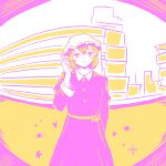  1girl arm_behind_back artist_name blonde_hair calling city closed_mouth disembodied_eye dress fisheye hair_between_eyes hat heart highres holding holding_phone long_dress long_sleeves maribel_hearn mob_cap phone purple_dress purple_eyes sad sash short_hair solo star_(symbol) three-toned_background touhou two-tone_background white_hat wrell yellow_eyes 