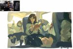  5girls blue_neckerchief blue_skirt brown_hair chinese_commentary commentary_request holding holding_pen multiple_girls neckerchief original pen reference_inset school_uniform serafuku short_hair sketch skirt vehicle_interior watermark weibo_watermark yumuto_(spring1786) 