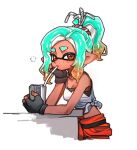  1girl black_bra black_gloves blue_hair bra bra_peek breasts brown_hair cleavage closed_mouth commentary dark-skinned_female dark_skin drinking drinking_straw drinking_straw_in_mouth english_commentary fingerless_gloves freckles gloves gradient_hair gucandiyi52092 hair_tie hand_on_own_cheek hand_on_own_face inkling inkling_girl inkling_player_character mechanic_(splatoon_raiders) midriff multicolored_hair navel orange_pants pants pointy_ears ponytail red_eyes shirt solo splatoon_(series) splatoon_raiders tentacle_hair thick_eyebrows tied_shirt underwear white_shirt 