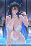  1girl alternate_costume arm_belt asymmetrical_horns bare_shoulders bikini black_hair blue_hair blush bracelet breasts choker cityscape cleavage collarbone colored_inner_hair criss-cross_halter demon_horns flower groin hair_between_eyes hair_flip halterneck hashtag-only_commentary highres hololive hololive_english horn_flower horns jewelry large_breasts light_smile lips long_hair looking_at_viewer mole mole_under_eye multicolored_hair navel nerissa_ravencroft o-ring o-ring_bikini pool poolside red_eyes solo stomach swimsuit thigh_gap two-tone_hair uneven_horns virtual_youtuber wet white_bikini white_choker yobi_(ybpac18) 
