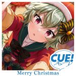  1girl arms_up black_bow blush bow chestnut_mouth christmas christmas_tree copyright_logo cue! english_text from_above fur-trimmed_headwear fur_trim green_hair green_sailor_collar hair_bow hat kano_shiho lips looking_at_viewer merry_christmas official_art open_mouth portrait purple_eyes red_hat sailor_collar santa_costume santa_hat shirako_miso solo striped_bow sweater tsurime upper_body v-shaped_eyebrows white_sweater yellow_bow 
