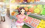  ;d artist_request banana bracelet brown_hair collarbone food fruit groceries hairband idolmaster idolmaster_cinderella_girls idolmaster_cinderella_girls_starlight_stage jewelry looking_at_viewer low_twintails muramatsu_sakura necklace official_art one_eye_closed open_mouth orange peach shopping shopping_cart skirt smile solo_focus twintails 