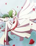  blush closed_eyes gallade gardevoir gen_3_pokemon gen_4_pokemon highres holding_hands interlocked_fingers mega_gallade mega_gardevoir mega_pokemon miyuki_tsukiyono no_humans open_mouth petals pokemon pokemon_(creature) rose_petals smile 