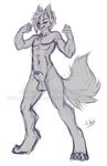  animal_genitalia anthro balls canine ear_piercing eyebrow_piercing facial_piercing fangs fully_sheathed half-closed_eyes male mammal navel nude pandora_(artist) piercing sheath simple_background sketch smile solo standing teeth white_background 