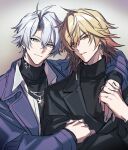  2boys antenna_hair arm_around_shoulder black_coat black_sweater blonde_hair blue_coat blue_eyes braid coat collared_shirt commentary_request earrings gold_earrings gradient_hair highres holding_hands honkai:_star_rail honkai_(series) jewelry looking_at_viewer male_focus medium_hair multicolored_hair multiple_boys mydei_(chrysos_chef)_(honkai:_star_rail) mydei_(honkai:_star_rail) necklace official_alternate_costume parted_bangs phainon_(honkai:_star_rail) phainon_(luckin_coffee)_(honkai:_star_rail) red_hair shirt short_hair side_braids sweater turtleneck turtleneck_sweater upper_body white_hair white_shirt xia_(ryugo) yellow_eyes 