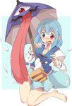  absurdres barefoot blue_dress blue_eyes blue_hair blush breasts cleavage dress embarrassed heterochromia highres karakasa_obake long_sleeves medium_breasts mukuroi open_mouth red_eyes solo tatara_kogasa tongue touhou umbrella 