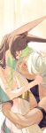  2boys alternate_costume animal_ears black_hair closed_mouth commentary_request cyno_(genshin_impact) eyelashes fox_boy fox_ears from_side genshin_impact green_eyes green_hair highres long_eyelashes long_hair looking_at_another male_focus multicolored_hair multiple_boys red_eyes streaked_hair takoyaki_ice tighnari_(genshin_impact) white_hair yaoi 