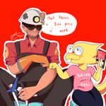  alphys anime armor drake_(disambiguation) dvd engineer_(team_fortress_2) english_text eyewear female fist_bump glasses hard_hat hat helmet human male mammal scalie simple_background team_fortress_2 text toy trandafilov undertale valve video_games 