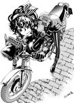 absurdres amano_onsa ass bakuon!! bangs bent_over boots checkered cross-laced_footwear curly_hair fukushima_masayasu full_body gloves greyscale ground_vehicle hair_between_eyes hair_ornament hairband highres jacket lace-up_boots long_sleeves monochrome motor_vehicle motorcycle pantyhose pavement popped_collar product_placement riding short_hair smile solo sticker striped striped_legwear translated vertical-striped_legwear vertical_stripes yamaha yamaha_sr400 