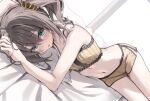  1girl absurdres bed_sheet blush breasts brown_hair camisole collarbone commentary dolphin_shorts english_commentary frilled_camisole frills green_eyes hair_ornament hair_scrunchie highres hololive looking_at_viewer lying natsuiro_matsuri natsuiro_matsuri_(matsuri's_day_off) navel official_alternate_costume on_side open_mouth scarlet_(wv0102) scrunchie short_hair short_shorts shorts side_ponytail small_breasts solo stomach virtual_youtuber yellow_camisole yellow_scrunchie yellow_shorts 