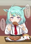  1girl absurdres ahoge animal_ears blurry blurry_background blush chicken_(food) commentary_request food french_fries fried_chicken hair_between_eyes hair_ornament hairclip highres horse_ears horse_girl kfc looking_at_viewer matsuba_mattsu medium_hair mole mole_under_eye purple_eyes solo sugar_lights_(umamusume) table translation_request umamusume 