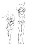  arthuria_(camel) blush camel_(dansen) cameltoe chrono_(camel) covering embarrassed eyes_closed full_body monochrome monocle multiple_girls one_eye_closed open_mouth panties ringlets simple_background 