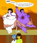 2025 3_toes ambiguous_gender anthro areola avian belly belly_overhang berdly big_areola big_breasts bird blush breasts catti_(deltarune) catty_(undertale) clothed clothing coconut_bra deltarune dialogue domestic_cat embarrassed english_text feet felid feline felis female fur gesture grass_skirt hi_res huge_areola huge_breasts hula_dancer human kris_(deltarune) lute male mammal musical_instrument navel nipple_slip obese obese_anthro obese_female overweight overweight_anthro overweight_female oxkingky plucked_string_instrument purple_body purple_fur sibling_(lore) sister_(lore) sisters_(lore) skimpy string_instrument text toes ukulele undertale_(series) waving white_body white_fur yellow_sclera