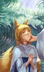  animal_ears bangs blonde_hair capelet chin_grab eyebrows eyebrows_visible_through_hair eyelashes forest fox_ears fox_tail hands_clasped highres interlocked_fingers jiliang_ji_ying long_sleeves looking_at_another looking_up multiple_tails nature out_of_frame own_hands_together parted_lips ripples shade slit_pupils solo_focus tail touhou tree wide_sleeves yakumo_ran yellow_eyes younger 