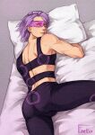  absurdres ass bare_shoulders bodysuit flameflux from_behind green_eyes highres jojo_no_kimyou_na_bouken long_hair looking_at_viewer lying male_focus mask melone narrow_waist non-web_source on_stomach open_clothes purple_hair seductive_smile smile spread_legs thighs tight_clothes vento_aureo 