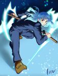  1girl aqua_hair aura bent_over black_pants black_suit blazer blue_background blue_hair brown_shoes cursed_energy_(jujutsu_kaisen) gradient_background grey_pupils hand_on_sheath highres holding holding_weapon incoming_attack jacket jujutsu_kaisen kasuga_akira katana light_particles long_hair looking_at_viewer miwa_kasumi pants sheath sheathed shoes signature sparkle suit sword weapon 