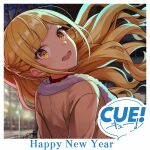  1girl arms_behind_back blonde_hair blush braid brown_coat coat copyright_logo crown_braid cue! english_text from_behind fur-trimmed_coat fur_trim happy_new_year hinakura_riko leaning_back long_hair long_sleeves looking_at_viewer night official_art open_mouth outdoors red_sweater shirako_miso smile solo sweater turtleneck turtleneck_sweater upper_body very_long_hair yellow_eyes 