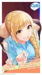  1girl blonde_hair blue_sweater blurry blurry_background blush braid braided_ponytail breasts brown_jacket character_name crossed_arms cue! dated english_text fur-trimmed_jacket fur_trim hand_up happy_birthday highres hinakura_riko indoors jacket large_breasts lips long_hair long_sleeves looking_at_viewer official_art open_mouth pink_lips shirako_miso sidelocks single_braid smile solo sweater teeth upper_body v-shaped_eyebrows very_long_hair yellow_eyes 