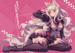  1girl ahoge animal_ears ankle_strap arm_up big_hair biwa_hayahide_(pf._winning_equation...)_(umamusume) biwa_hayahide_(umamusume) black_shirt black_thighhighs breasts buttons closed_mouth clothing_cutout collared_shirt cross double-breasted ear_ornament frown full_body glasses grey_shoes hair_between_eyes hair_ornament highres hip_vent horse_ears horse_girl horse_tail jacket jewelry juliet_sleeves large_breasts legs long_hair long_sleeves looking_at_viewer miniskirt mofa_mao_jiao neck_ribbon on_ground pink_background pleated_skirt puffy_sleeves purple_jacket purple_skirt red-framed_eyewear red_ribbon ribbon semi-rimless_eyewear shirt shoes simple_background sitting skirt sleeve_cuffs solo spade_(shape) tail thighhighs thighs translation_request umamusume under-rim_eyewear very_long_hair wavy_hair white_hair white_jacket yellow_eyes yokozuwari zettai_ryouiki 