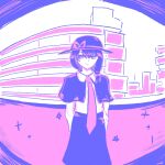  1girl arms_behind_back artist_name black_capelet black_hair black_hat black_skirt bow capelet city closed_mouth collar fedora fisheye hair_between_eyes hair_ribbon hat hat_bow highres multicolored_eyes necktie ribbon shirt skirt solo standing star_(symbol) three-toned_background touhou usami_renko white_collar white_shirt wrell 