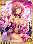  alcohol bare_shoulders blush bottle braid breasts brown_hair center_opening cherry_blossoms choker cleavage cup dark_skin detached_sleeves dress green_eyes hair_between_eyes jewelry koihime_musou large_breasts necklace no_bra one_eye_closed open_mouth pendant revealing_clothes sakazuki sake sake_bottle short_dress simple_background sitting smile solo taishiji thighhighs wide_sleeves 