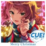  1girl blurry blurry_background blush christmas christmas_tree collarbone copyright_logo cue! english_text green_eyes hand_up holding holding_own_hair lips long_sleeves looking_at_viewer merry_christmas miyaji_mahoro night official_art open_mouth pink_hair plaid_clothes plaid_scarf portrait scarf shirako_miso short_hair smile solo tsurime wavy_hair 