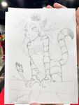  2016 :3 anthro arthropod bottomless breasts butterfly clothed clothing fangs feathers feline female flora_(twokinds) flower flower_in_hair insect keidran looking_away mammal monochrome outside photo plant raised_tail sketch slit_pupils smile solo standing tiger tom_fischbach traditional_media_(artwork) tree tube_top twokinds 